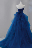 Blue Satin and Tulle Long Strapless Party Dress, Satin with Tulle Prom Dress HZ0527