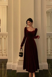 Wine Red Velvet Long Sleeves A Line Party Dress, Prom Dress Formal Dress HZ0527