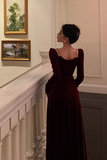 Wine Red Velvet Long Sleeves A Line Party Dress, Prom Dress Formal Dress HZ0527