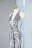 Silver Sequins Long Prom Dress, Shiny V Neck Evening Party Dress HZ0527
