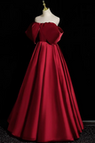 Wine Red Satin Off Shoulder Party Dress, Off Shoulder Wine Red Long Prom Dress HZ0527