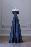 Blue Off the Shoulder Glitter A Line Long Prom Party Dress HZ0527