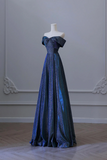 Blue Off the Shoulder Glitter A Line Long Prom Party Dress HZ0527