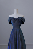 Blue Off the Shoulder Glitter A Line Long Prom Party Dress HZ0527