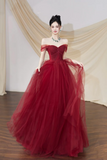 Burgundy Tulle Long Prom Dress, Burgundy Off the Shoulder Party Dress HZ0527