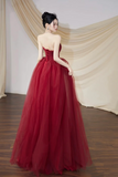 Burgundy Tulle Long Prom Dress, Burgundy Off the Shoulder Party Dress HZ0527