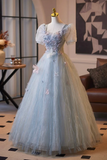 Blue Tulle Flower Long Prom Party Dress, Lovely A Line Short Sleeve Party Dress HZ0527
