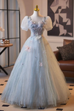 Blue Tulle Flower Long Prom Party Dress, Lovely A Line Short Sleeve Party Dress HZ0527