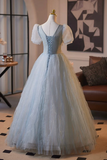 Blue Tulle Flower Long Prom Party Dress, Lovely A Line Short Sleeve Party Dress HZ0527