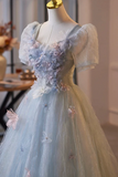 Blue Tulle Flower Long Prom Party Dress, Lovely A Line Short Sleeve Party Dress HZ0527
