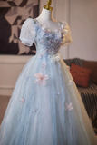 Blue Tulle Flower Long Prom Party Dress, Lovely A Line Short Sleeve Party Dress HZ0527