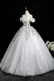 White Tulle Lace Long A Line Prom Dress, Beautiful Off the Shoulder Party Dress HZ0527