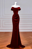 Wine Red Velvet Mermaid Off Shoulder Party Dress, Velvet Prom Dress HZ0527