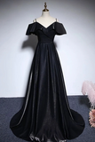 Black Satin Long Prom Dress, A Line Off the Shoulder Party Dress HZ0527