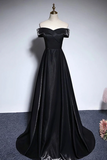Black Satin Long Prom Dress, A Line Off the Shoulder Party Dress HZ0527