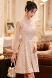 Champagne Long Sleeve Party Dress, Beautiful Knee Tea Length Prom Dress HZ0527