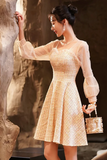 Champagne Long Sleeve Party Dress, Beautiful Knee Tea Length Prom Dress HZ0527