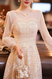 Champagne Long Sleeve Party Dress, Beautiful Knee Tea Length Prom Dress HZ0527