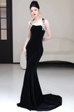 Black Mermaid Velvet Halter Long Party Dress, Evening Dress Prom Dress HZ0527