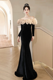 Black Velvet Long Sleeve Prom Dress, Mermaid Off the Shoulder Party Dress HZ0527