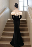 Black Velvet Long Sleeve Prom Dress, Mermaid Off the Shoulder Party Dress HZ0527
