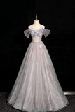 Gray Tulle Sequins Long Prom Dress, Off the Shoulder Party Dress HZ0527