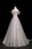Gray Tulle Sequins Long Prom Dress, Off the Shoulder Party Dress HZ0527