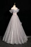 Gray Tulle Sequins Long Prom Dress, Off the Shoulder Party Dress HZ0527