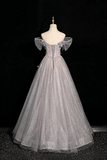 Gray Tulle Sequins Long Prom Dress, Off the Shoulder Party Dress HZ0527