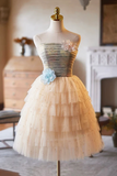 Lovely Tulle Pearl Short Prom Dress, A Line Strapless Evening Party Dress HZ0527