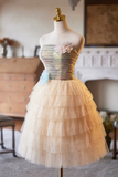 Lovely Tulle Pearl Short Prom Dress, A Line Strapless Evening Party Dress HZ0527