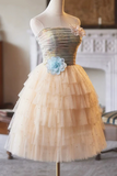 Lovely Tulle Pearl Short Prom Dress, A Line Strapless Evening Party Dress HZ0527
