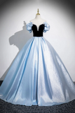 Black Velvet and Blue Satin Long Prom Dress, A Line Off the Shoulder Evening Dress HZ0527