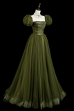 A Line Puff Sleeves Tulle Sequin Green Long Prom Dress, Evening Dress HZ0527