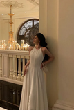 A Line Chiffon White Halter Long Party Dress, Wedding Party Dress HZ0527