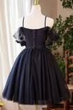 Navy Blue Tulle Short Homecoming Dress, Sweetheart Off Shoulder Prom Dress HZ0527