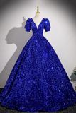 Blue V Neck Sequins Long Prom Dress, A Line Short Sleeve Party Dress HZ0527