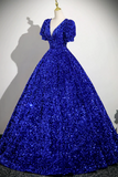 Blue V Neck Sequins Long Prom Dress, A Line Short Sleeve Party Dress HZ0527