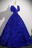Blue V Neck Sequins Long Prom Dress, A Line Short Sleeve Party Dress HZ0527
