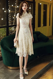 Light Champagne Lace High Neckline Wedding Party Dress, Homecoming Dress HZ0527