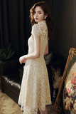 Light Champagne Lace High Neckline Wedding Party Dress, Homecoming Dress HZ0527