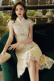 Light Champagne Lace High Neckline Wedding Party Dress, Homecoming Dress HZ0527
