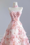 Pink Sequins Long A Line Prom Dress, Beautiful Strapless Evening Party Dress HZ0527