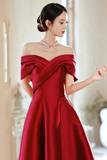A Line Wine Red Satin Floor Length Party Dress, Off Shoulder Prom Dress HZ0527
