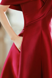 A Line Wine Red Satin Floor Length Party Dress, Off Shoulder Prom Dress HZ0527
