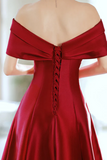 A Line Wine Red Satin Floor Length Party Dress, Off Shoulder Prom Dress HZ0527