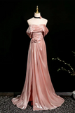 Off Shoulder Pink A Line Long Evening Dress with Leg Slit, Long Prom Dress HZ0527