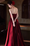 Wine Red Satin and Sequins Long Strapless Party Dress, Evening Dress HZ0527