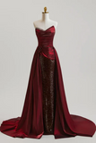 Wine Red Satin and Sequins Long Strapless Party Dress, Evening Dress HZ0527