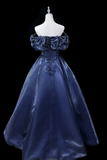 A Line Off Shoulder Satin Dark Blue Long Prom Dress, Long Formal Dress HZ0527